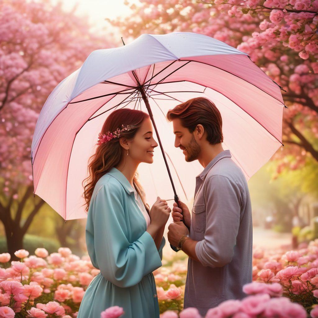 A romantic couple embracing under a protective umbrella symbolizing insurance coverage, surrounded by vibrant hearts and blossoming flowers, illustrating the concept of love protection. A soft, dreamy background with warm pastel colors to create a loving atmosphere. super-realistic. vibrant colors. soft focus.
