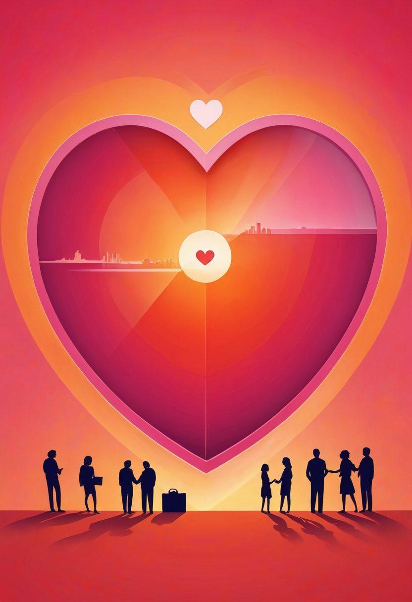 A vibrant illustration of a heart-shaped shield symbolizing 'love insurance,' surrounded by various dating icons like smartphones, casual meet-up spots, and romantic scenes. The background features a blend of warm colors evoking passion and security, while couples of diverse backgrounds communicate freely in the foreground, emphasizing connection. The overall atmosphere reflects a transition from casual to committed relationships. vibrant colors. digital painting.