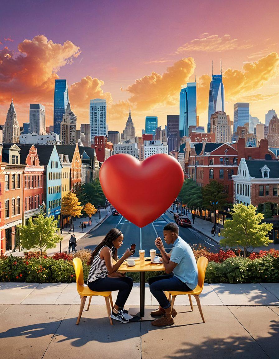 A heart-shaped shield symbolizing protection and security in relationships, set against a backdrop of diverse couples engaged in modern dating activities. Include elements like smart devices and urban settings to reflect contemporary life. Soft, warm colors should evoke love and safety, while a subtle texture adds depth to the image. Illustrate an atmosphere of trust and connection. vibrant colors. 3D.